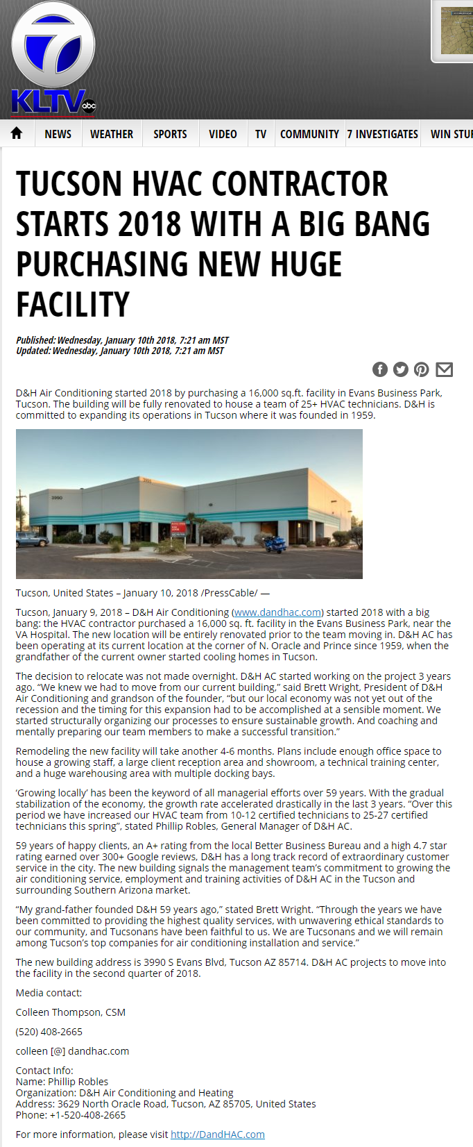 D&H's new Tucson facilities in the news on ABC 7 KLTV