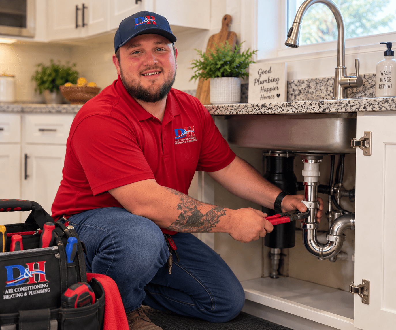 Plumber in a red polo kneels under a kitchen sink, tightening pipes with a red-handled wrench; tool bag nearby.