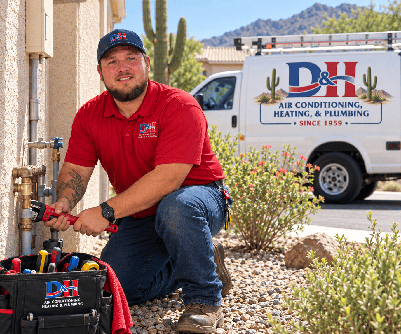 Plumber kneels outside a house, tightening copper pipes with a wrench, D&H logo on his red shirt and a branded service van in the background.