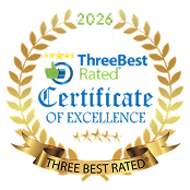 Gold laurel wreath badge declaring 'Certificate of Excellence' with the ThreeBestRated logo and the year 2026.