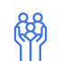 Blue line icon of a group of people inside a shield, symbolizing team protection and safety.