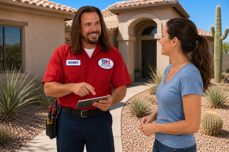HVAC technician Kenny in a red uniform shows a tablet to a homeowner outside a desert-style house.