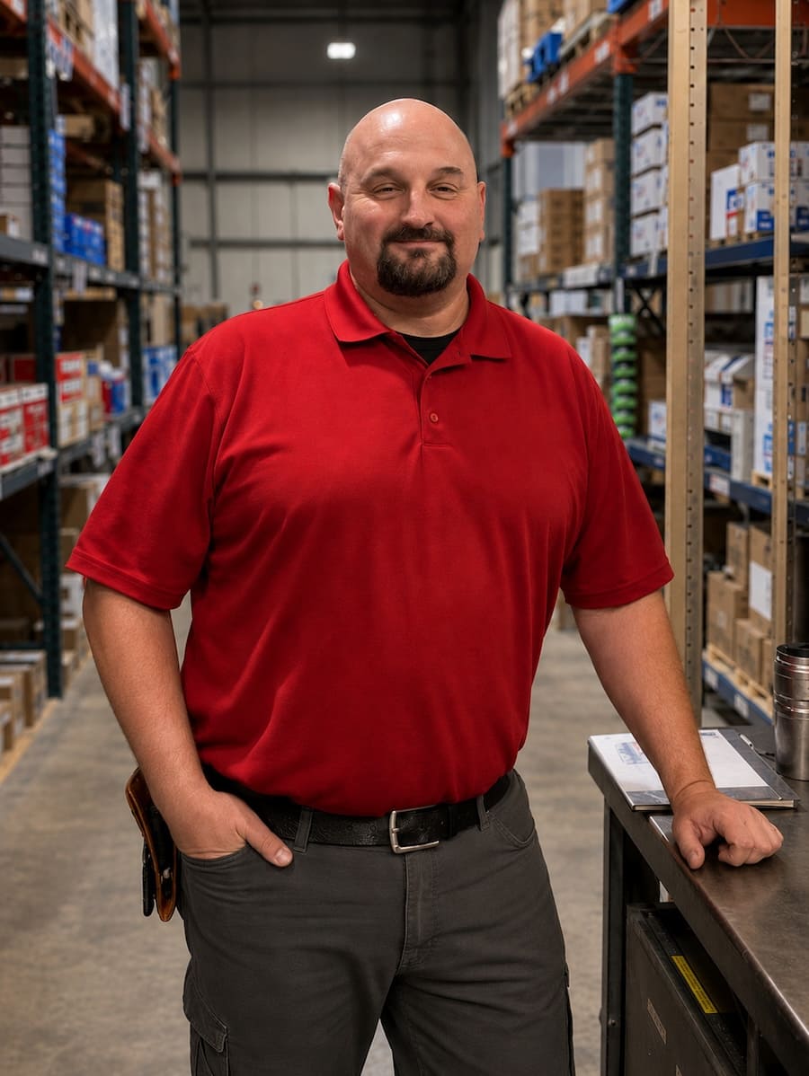 Warehouse worker in a red polo stands with hands in pockets in an aisle lined with shelves and boxes behind him.