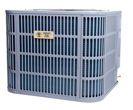 Outdoor air conditioning condenser unit with metal grille and vented panels used for cooling a building.