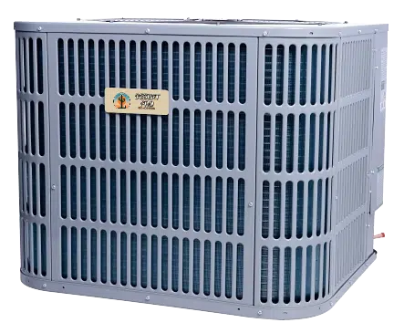 Outdoor central air conditioning condenser unit with a louvered metal grille and visible fan behind the vents.