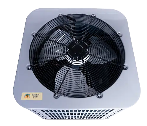 Top view of an outdoor HVAC condenser unit with a large circular fan protected by a grille.