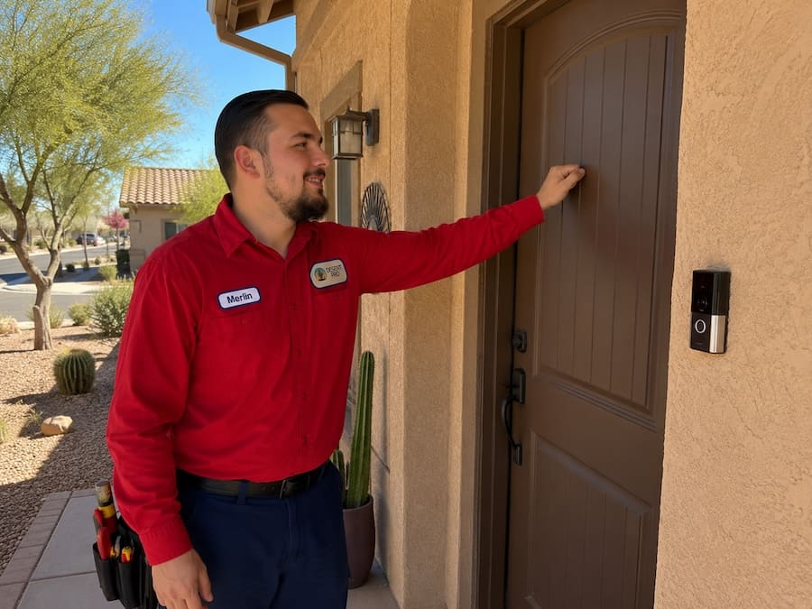 Male service technician in a red shirt with name tag 'Merlin' standing at a front door, touching the door.