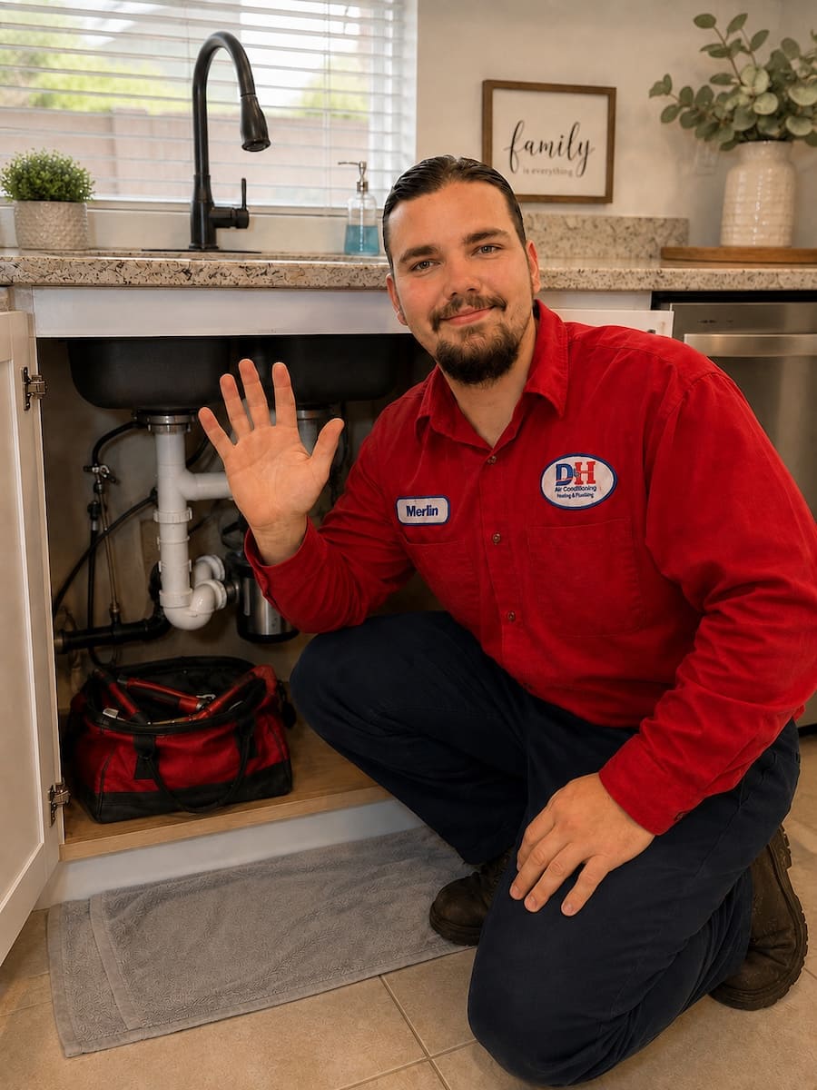 Plumber kneeling under a kitchen sink, waving hello, in a red uniform with a name badge and company logo, visible pipes above him.