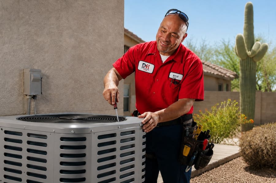 HVAC technician in a red uniform repairs an outdoor air conditioning condenser under a sunny desert sky.