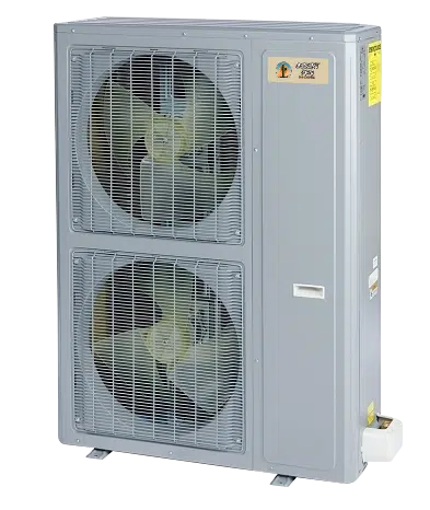 Outdoor HVAC condenser unit with two large fans behind metal grilles, likely part of an air conditioner or heat pump system.