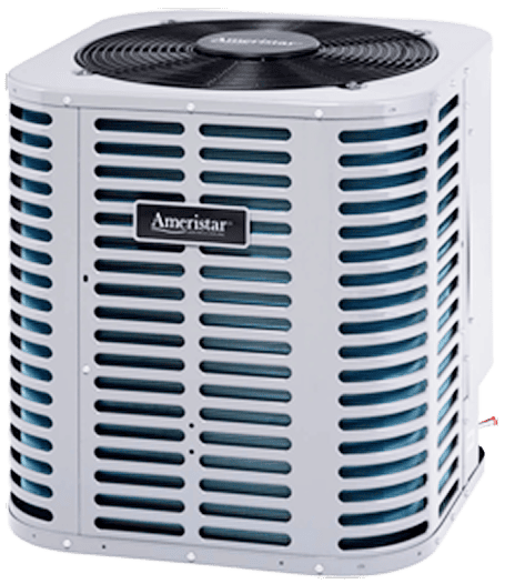 Outdoor air conditioner condenser unit with a protective grille and visible Amstrar branding on the front panel, top fan visible