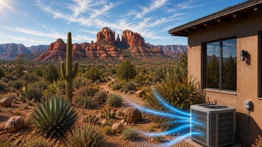 Desert landscape with red rock formations, cacti, and a beige house; an outdoor AC unit with blue cooling lines arcs toward it.