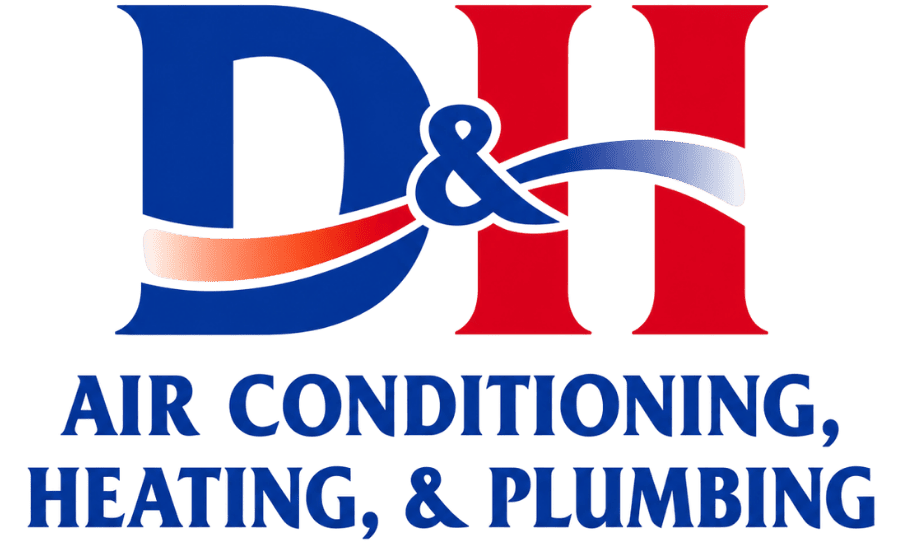 Logo for D&H Air Conditioning, Heating & Plumbing company with blue and red letters and a swoosh motif