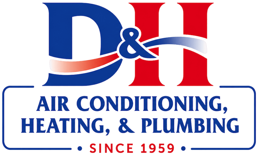 D&K logo for an HVAC company with blue and red letters and a curved ribbon, reading 'Air Conditioning, Heating, & Plumbing' and 'Since 1959'