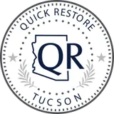 Circular seal badge reading QUICK RESTORE above and TUC SON below, with a blue QR monogram and laurel accents.