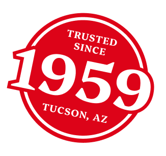 Red circular badge with large '1959' and the words 'Trusted since' above and 'Tucson, AZ' below.