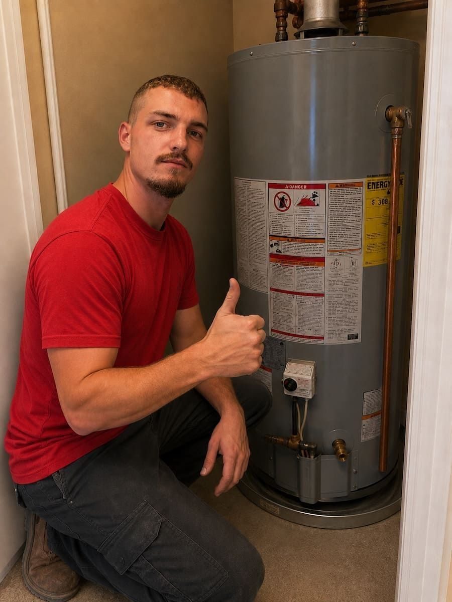 A man in a red shirt kneels beside a tall water heater in a utility closet, giving a thumbs up to the camera.