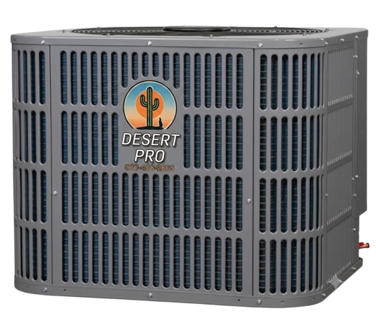 Desert Pro outdoor HVAC condenser unit with gray metal grille and circular Desert Pro badge on the front.