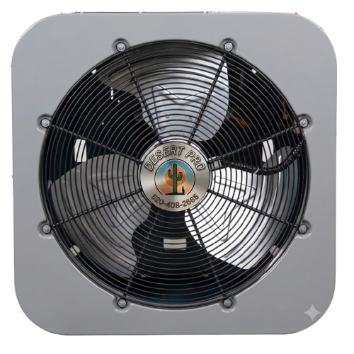 Industrial wall-mounted ventilation fan with protective grille and Desert Pro branding at center.