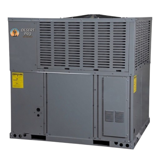 Industrial outdoor HVAC unit with Desert Pro branding, gray metal casing and vented panels
