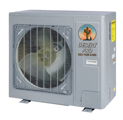 Outdoor air conditioning condenser unit with a protective front grille and Desert Pro logo on the side panel