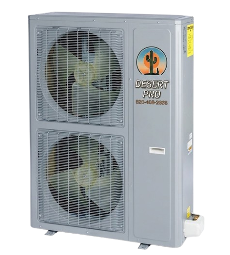 Desert Pro outdoor HVAC condenser with two large fans, gray housing, and a cactus logo on the front panel.