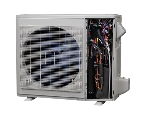 Outdoor air conditioner condenser unit with a protective grille and a side panel showing wiring and components (split-system HVAC).