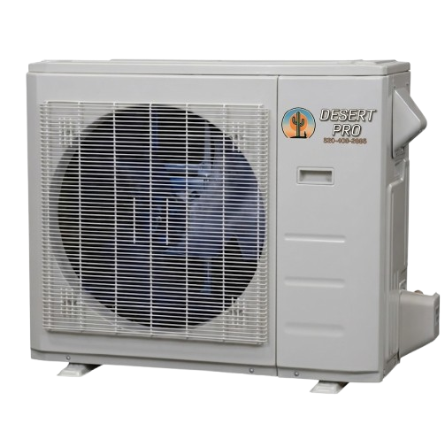 Outdoor air conditioner condenser unit with a protective grille and Desert Pro branding on the side.