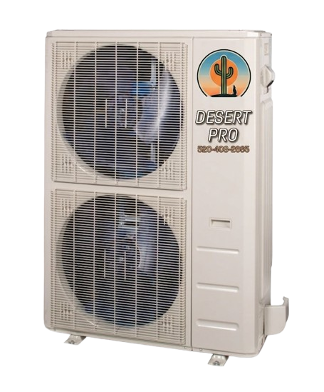 Outdoor HVAC air conditioner unit with two large fans; Desert Pro logo on beige housing.